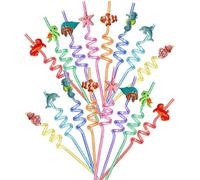 BetterJonny - Lot de 16 pailles réutilisables en plastique pour enfant - Motif dessin animé - Pour anniversaire, fête hawaïenne, décoration (animaux marins)