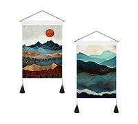 BetterJonny Lot de 2 tapisseries murales de montagne, 35 x 50 cm, tapisserie japonaise avec pompons pour chambre à coucher