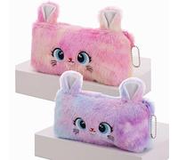 BetterJonny Lot de 2 Trousses à Crayons en Peluche, Jolie Trousse à Crayons Arc-en-Ciel pour Filles avec Motif de Chat Mignon - Rose, Violet