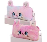 BetterJonny Lot de 2 Trousses à Crayons en Peluche, Jolie Trousse à Crayons Arc-en-Ciel pour Filles avec Motif de Chat Mignon - Rose