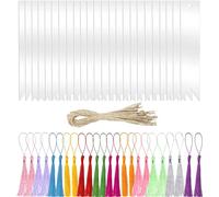 BetterJonny Lot de 24 marque-pages vierges en acrylique transparent avec 24 pompons et 30 cordes pour projets de bricolage et étiquettes de cadeaux