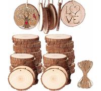 BetterJonny Lot de 50 tranches de bois non percées de 5 à 6,1 cm - Cercles en bois naturel pré-percés avec trou - Ornements en bois naturel avec corde de jute de 10 mètres pour loisirs créatifs