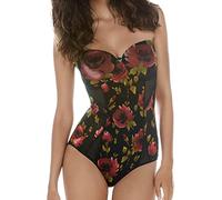 BetterU Lingerie - Body Dessus ou Dessous - Ventre Plat - Maille Fine Extensible - Gainant Légèrement Amincissant - Bretelles Amovibles Bonnets Coques avec Armatures - Femme - Noir Fleurs Rouges