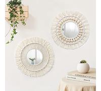 Betylifoy 2 Pièces en Macramé Tenture Murale Miroir Décoratif avec Feuilles Tissées Boho Fringe Miroir Rond pour Chambre Salon Pépinière Décor à la Maison (Style-09)