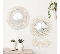 Betylifoy 2 Pièces en Macramé Tenture Murale Miroir Décoratif avec Feuilles Tissées Boho Fringe Miroir Rond pour Chambre Salon Pépinière Décor à la Maison (Style-08)