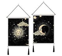 Betylifoy Lot de 2 Tapisserie Murale Lune et Soleil avec Glands Tarot Bannière Noire Tenture Murale Tapisserie Bohème Étoile Nuage Mur Art Décor pour Chambre Salon