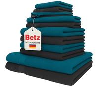 Betz Lot de 12 pièces 100% Coton Palermo 2 draps de Bain 4 Serviettes de Toilette 2 d'invités 2 lavettes 2 Gants de Toilette Couleur Bleu pétrole et Anthracite