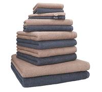 Betz Lot de 12 Serviettes Berlin 100% Coton 2 draps de Bain 4 Serviettes de Toilette 2 Serviettes d'invité 2 lavettes et 2 Gants Couleur Cappuccino - Gris foncé