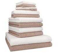 Betz Lot de 12 Serviettes Berlin 100% Coton 2 draps de Bain 4 Serviettes de Toilette 2 Serviettes d'invité 2lavettes et 2 Gants Couleur Cappuccino - Blanc