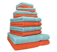 Betz Lot de 12 Serviettes Premium 2 draps de Bain 4 Serviettes de Toilette 2 Serviettes d'invité 2 lavettes 2 Gants de Toilette 100% Coton Couleur orangé Sang & Bleu océan
