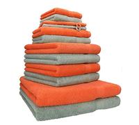 Betz Lot de 12 Serviettes Premium 2 draps de Bain 4 Serviettes de Toilette 2 Serviettes d'invité 2 lavettes 2 Gants de Toilette 100% Coton Couleur orangé Sang & Vert Foin