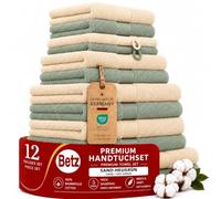 Betz Lot de 12 Serviettes Premium 2 draps de Bain 4 Serviettes de Toilette 2 Serviettes d'invité 2 lavettes 2 Gants de Toilette 100% Coton Couleur Sable & Vert Foin