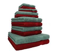 Betz Lot de 12 Serviettes Premium 2 draps de Bain 4 Serviettes de Toilette 2 Serviettes d'invité 2 lavettes 2 Gants de Toilette 100% Coton Couleur Rouge Rubis & Vert Sapin
