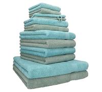 Betz Lot de 12 Serviettes Premium 2 draps de Bain 4 Serviettes de Toilette 2 Serviettes d'invité 2 lavettes 2 Gants de Toilette 100% Coton Couleur Vert Foin & Bleu océan