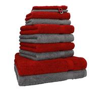 Betz Set de 10 Serviettes Premium 100% Coton 2 draps de Douche 4 de Toilette 2 d'invités 2 Gants Couleur Rouge foncé, Gris Anthracite