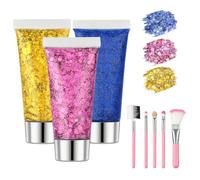Beugo 3 Couleurs Paillettes de Visage, 5PCS Brosse, 16g Paillettes Corps, Face Eye, Brillant Corps Glitter Gel, Concert Glitter Gel, pour Festival Fête Noël Pâques Maquillage Décoration Halloween(11)