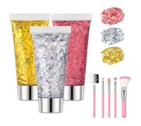 Beugo 3 Couleurs Paillettes de Visage, 5PCS Brosse, 16g Paillettes Corps, Face Eye, Brillant Corps Glitter Gel, Concert Glitter Gel, pour Festival Fête Noël Pâques Maquillage Décoration Halloween(07)