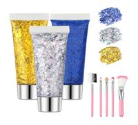 Beugo 3 Couleurs Paillettes de Visage, 5PCS Brosse, 16g Paillettes Corps, Face Eye, Brillant Corps Glitter Gel, Concert Glitter Gel, pour Festival Fête Noël Pâques Maquillage Décoration Halloween(09)