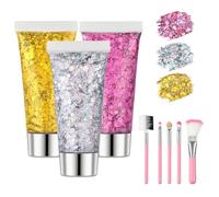 Beugo 3 Couleurs Paillettes de Visage, 5PCS Brosse, 16g Paillettes Corps, Face Eye, Brillant Corps Glitter Gel, Concert Glitter Gel, pour Festival Fête Noël Pâques Maquillage Décoration Halloween(08)
