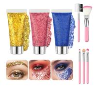 Beugo 3 Couleurs Paillettes de Visage, 5PCS Brosse, 16g Paillettes Corps, Face Eye, Brillant Corps Glitter Gel, Concert Glitter Gel, pour Festival Fête Noël Pâques Maquillage Décoration Halloween(12)