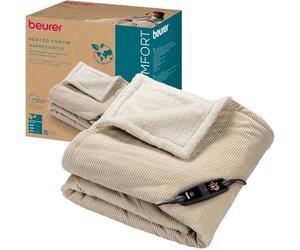 Beurer Couverture chauffante HD 80, Couverture chauffante en Velours côtelé Doux, en matériau recyclé, 6 réglage de la température, système de sécurité, Lavable en Machine, 180x130 cm, Beige
