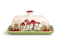 Beurrier à champignons avec couvercle, plateau recouvert de céramique avec stries surélevées, décoration de cuisine de ferme pour comptoir, récipient de rangement lavable au lave-vaisselle
