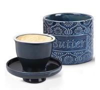 beurrier à eau, Beurre Pot en Porcelaine, beurrier en céramique, beurrier eau avec couvercle, Plat à Beurre français, beurriers vintage, butter dish avec Couvercle en Relief pour Beurre Mou - Bleu