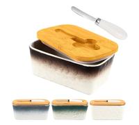 Beurrier avec couvercle, 16,5 cm, grand récipient à beurre pour comptoir, récipient à beurre blanc en céramique avec couteau, couvercle en bambou et joint en silicone de haute qualité pour décoration