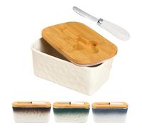 Beurrier avec couvercle, 16,5 cm, grand récipient à beurre pour comptoir, récipient en céramique blanche avec couteau, couvercle en bambou et joint en silicone de haute qualité pour décoration