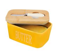 Beurrier avec couvercle, beurrier en céramique avec couvercle en bambou, récipient en porcelaine parfait (jaune)