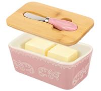Beurrier avec couvercle en bambou, en céramique, avec couteau à beurre (rose)