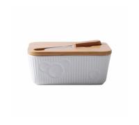 Beurrier, Boîte à beurre simple, plat en céramique gaufrée blanc pur avec couteau et bol fromage couvercle bois