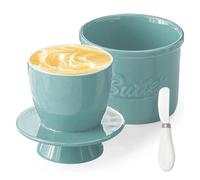 Beurrier Ceramique avec Couteau Beurre, Beurrier à Eau avec Couvercle, Pot à Beurre avec Refroidissement, Pot Beurre Français Porcelaine pour Conserver le Beurre Frais, Beurre Tartinable (Cyan, 6 oz)