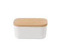 Beurrier en Céramique 16.5x9.5x7.0cm, Boîte à Beurre Scellée en Silicone, Beurrier en couvercle en bois avec Couvercle en Bambou - Boîte Hermétique - Anneau en Silicone (blanc)