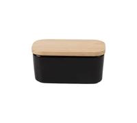 Beurrier en Céramique 16.5x9.5x7.0cm, Boîte à Beurre Scellée en Silicone, Beurrier en couvercle en bois avec Couvercle en Bambou - Boîte Hermétique - Anneau en Silicone (noir)