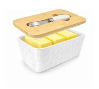 Beurrier en céramique 350 ml avec couvercle en bois et couteau à beurre, grande cloche à beurre en porcelaine, hermétique et conserve la fraîcheur, idéal pour la cuisine, la maison et la décoration de