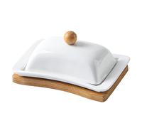 Beurrier en céramique avec base en bambou, récipient de conservation des aliments moderne en bois et céramique, compatible four et lave-vaisselle Plateau de desserts