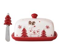 Beurrier en céramique avec couvercle, arbre de noël, renne, mignon plateau à beurre avec couteau en acier inoxydable, anti-poussière, de qualité alimentaire, élégant pour la cuisine la maison.