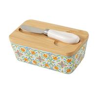 Beurrier en céramique avec couvercle en bambou et spatule, boîte de rangement hermétique for réfrigérateur, récipient de cuisine for beurre et fromage Plateau de desserts(Groen)