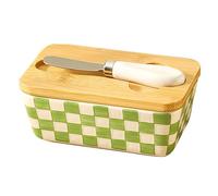 Beurrier en céramique avec couvercle en bambou et spatule, boîte de rangement hermétique for réfrigérateur, récipient de cuisine for beurre et fromage Plateau de desserts(Colorful)