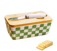 Beurrier en céramique avec couvercle en bois - 350 ml - Grand beurrier avec couteau à beurre - Passe au lave-vaisselle - Pour la maison et la cuisine (C)