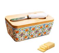 Beurrier en céramique avec couvercle en bois - 350 ml - Grand beurrier avec couteau à beurre - Passe au lave-vaisselle - Pour la maison et la cuisine (B)