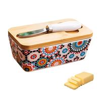 Beurrier en céramique avec couvercle en bois - 350 ml - Grand beurrier avec couteau à beurre - Passe au lave-vaisselle - Pour la maison et la cuisine (A)