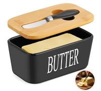 Beurrier en Céramique avec Couvercle en Bois, Couteau à Beurre & Joints en Silicone, Boite Beurre Porcelaine Multifonction, Conteneur de Beurre Grand pour Placer Fromage, Salade de Fruits, Noix (Noir)