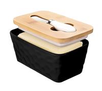 Beurrier en céramique avec couvercle en bois de bambou et couteau multifonction (520 ml), grand beurrier pour 230 g de beurre, convient pour la maison et la cuisine, noir