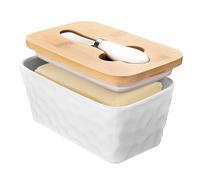 Beurrier en céramique avec couvercle en bois de bambou et couteau multifonction (520 ml), grand beurrier pour 230 g de beurre, convient pour la maison et la cuisine, blanc