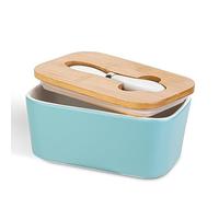 Beurrier en céramique avec couvercle en bois et couteau à beurre multifonction en acier inoxydable, récipient à beurre avec joint en silicone de haute qualité, boîte à beurre pour beurre, noix,