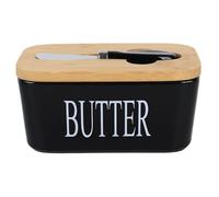 Beurrier en Céramique Avec Couvercle en Bois et Couteau en Acier Inoxydable, Grand Récipient à Beurre Multifonctionnel Avec Double Joints en Silicone Pour Beurre, Noix, Fromage (noir)