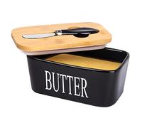 Beurrier en céramique avec couvercle et couteau - Beurrier avec couvercle en bambou pour comptoir, grands beurriers avec couvercle - Parfait pour beurrier de la côte de l'Est West (noir avec mots)