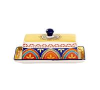 Beurrier en céramique de style bohème avec couvercle, grande boîte à beurre dessinée à la main, assiette à beurre, assiette à dessert, récipient à beurre pour la cuisine ou les repas 20.2X11.5X8CM C
